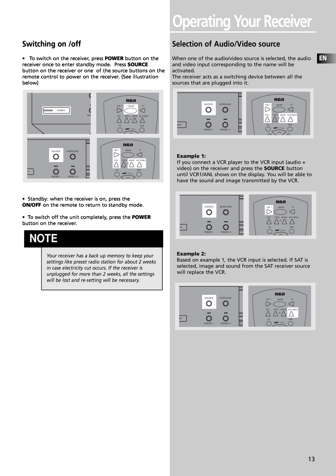 RCA RTDVD1 user manual Switching on /off, Selection of Audio/Video source, Operating Your Receiver 