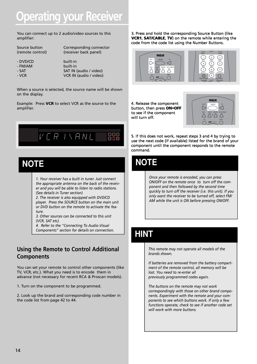 RCA RTDVD1 user manual Operating your Receiver, Using the Remote to Control Additional Components, Hint 