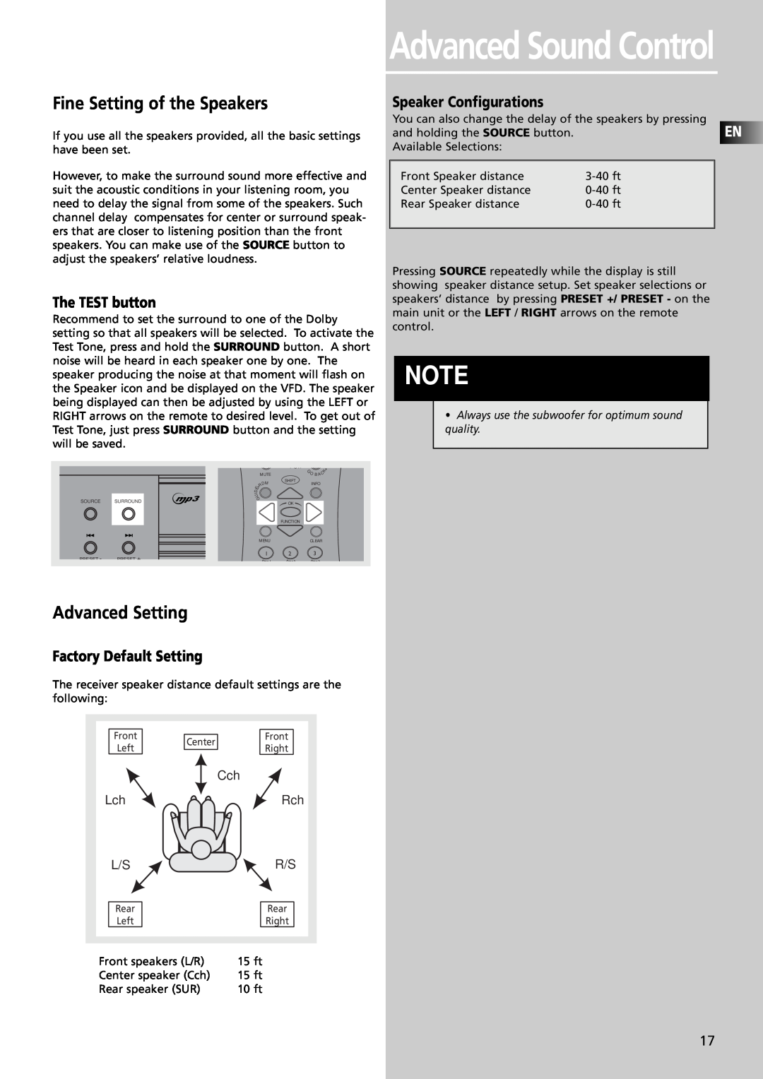 RCA RTDVD1 Fine Setting of the Speakers, The TEST button, Speaker Configurations, Factory Default Setting, Lch L/S 