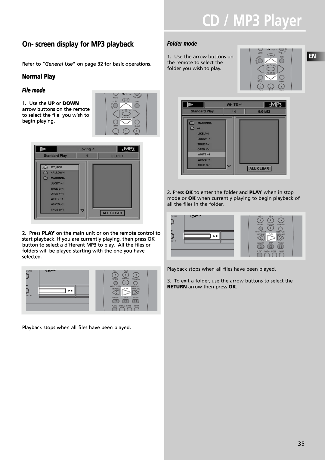 RCA RTDVD1 user manual On- screen display for MP3 playback, Normal Play, CD / MP3 Player 