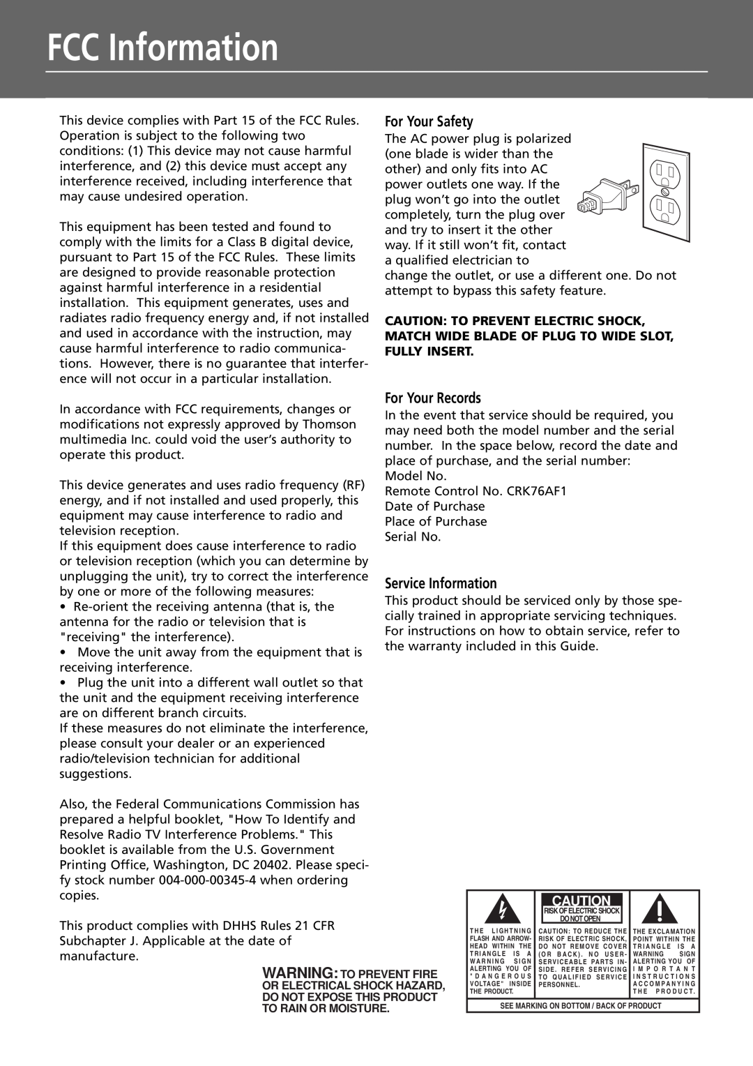 RCA RTDVD1 user manual FCC Information, For Your Safety, For Your Records, Service Information 
