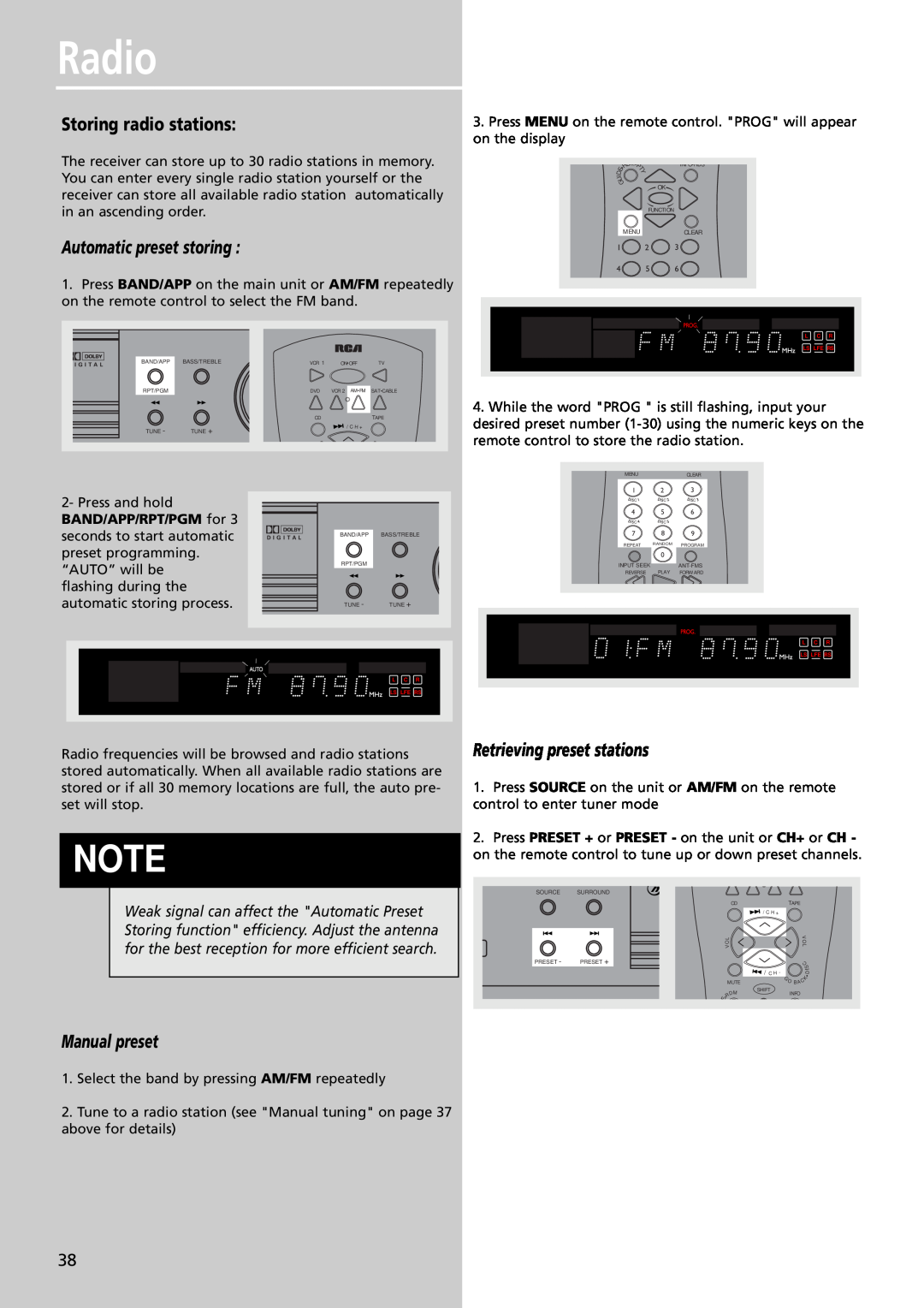RCA RTDVD1 user manual Storing radio stations, Radio, Automatic preset storing, Manual preset, Retrieving preset stations 
