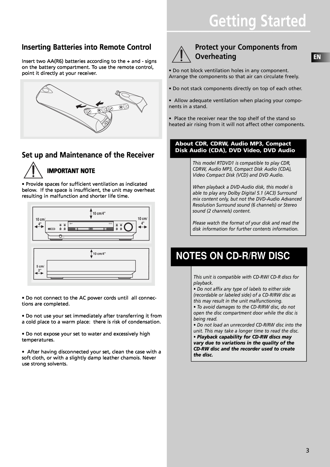 RCA RTDVD1 user manual Protect your Components from OverheatingEN, Set up and Maintenance of the Receiver, Important Note 