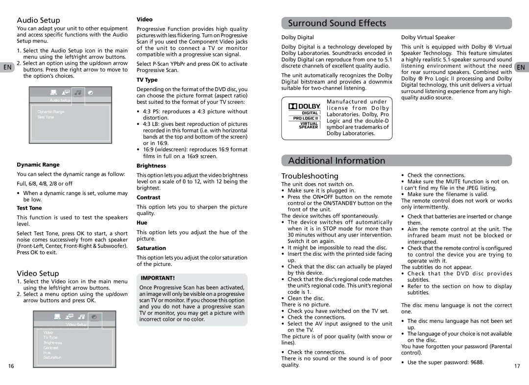 RCA RTS202 user manual Surround Sound Effects, Additional Information, Audio Setup, Video Setup, Troubleshooting 