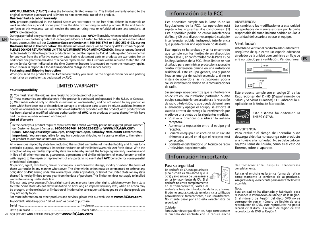 RCA RTS202 user manual Información de la FCC, Información Importante, Ventilación, Energy Star Advertencia 