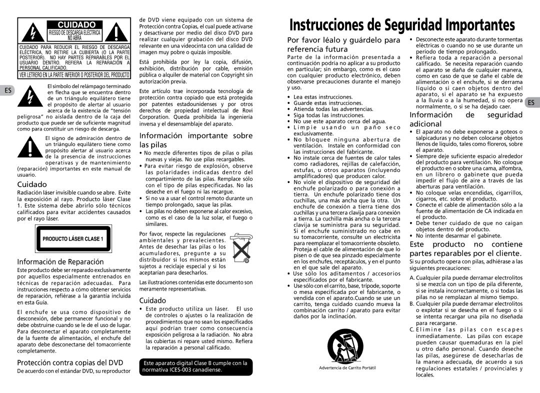 RCA RTS202 Cuidado, Información de Reparación, Protección contra copias del DVD, Información importante sobre las pilas 