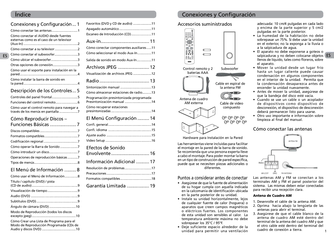 RCA RTS202 user manual Índice, Conexiones y Configuración 