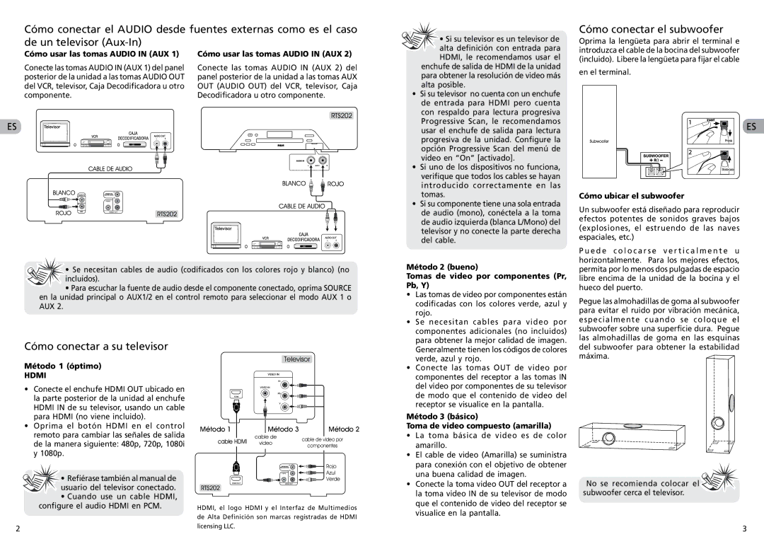 RCA RTS202 user manual Cómo conectar el subwoofer, Cómo conectar a su televisor 