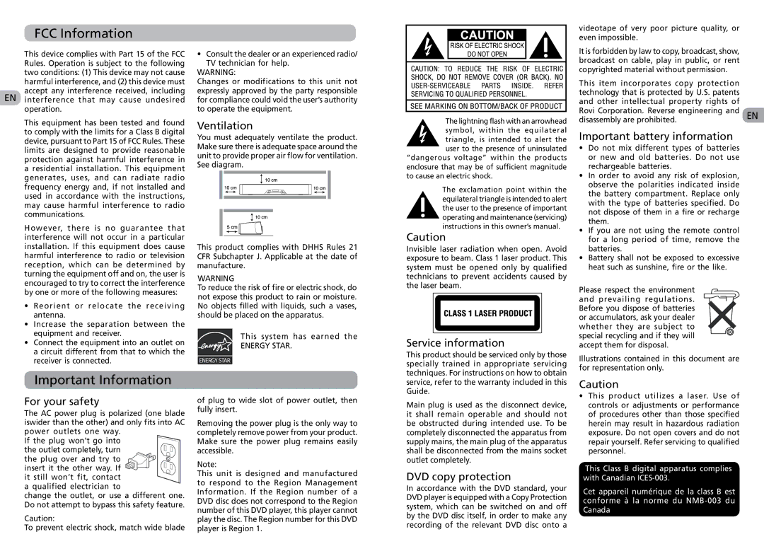 RCA RTS202 user manual FCC Information, Important Information 