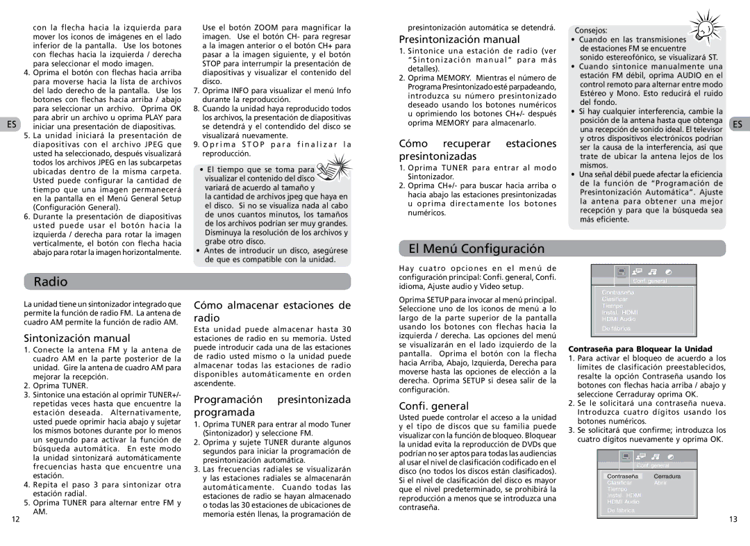 RCA RTS202 user manual El Menú Configuración Radio 