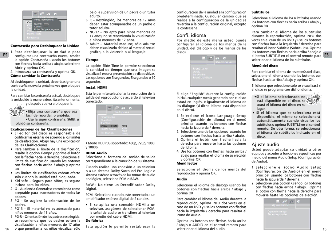 RCA RTS202 user manual Confi. idioma, Ajuste audio 