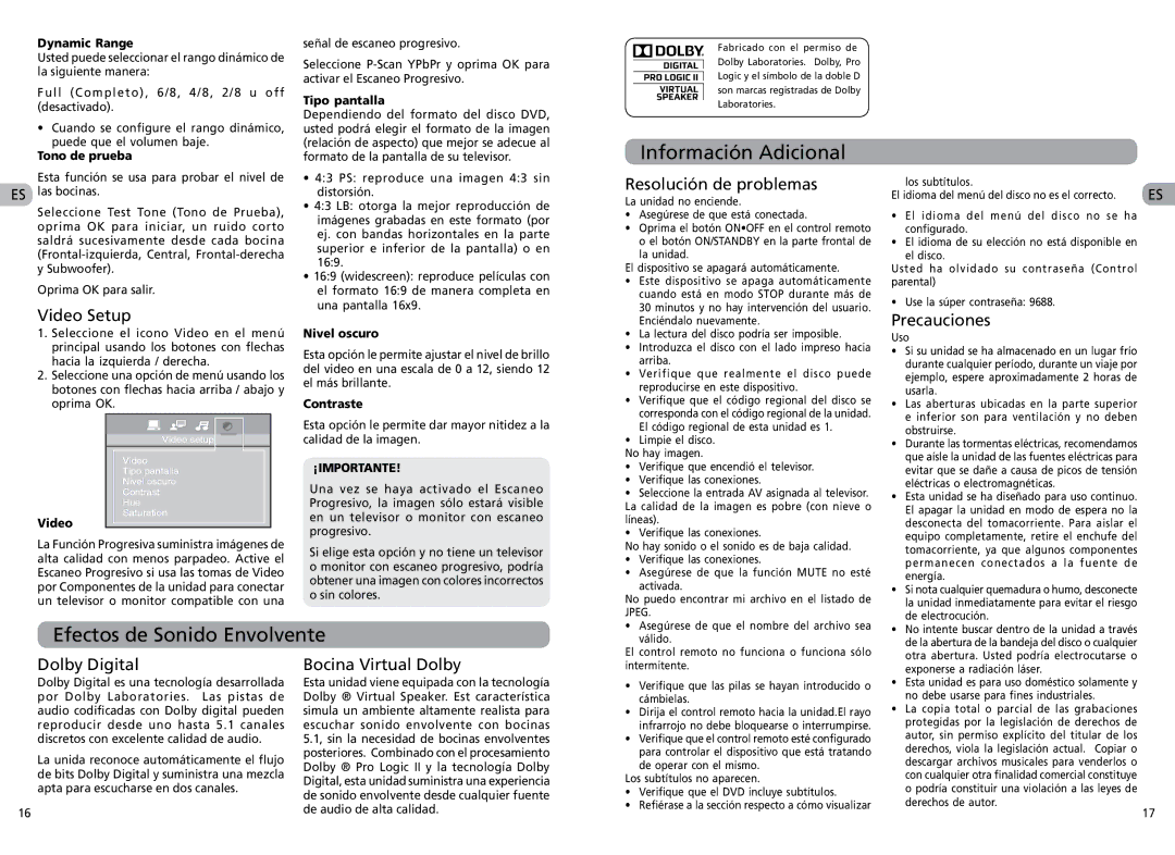 RCA RTS202 user manual Información Adicional, Efectos de Sonido Envolvente 