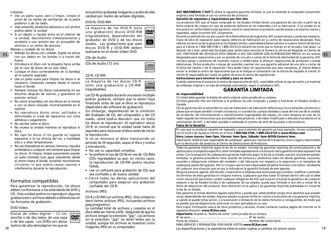 RCA RTS202 user manual 18 ópticos de alta densidad en los que se, Garantía de repuestos y reparaciones por Uno Año 