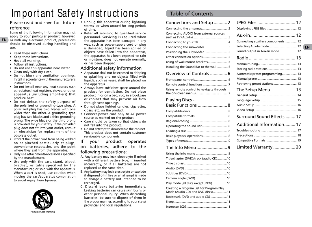 RCA RTS202 user manual Important Safety Instructions, Table of Contents 