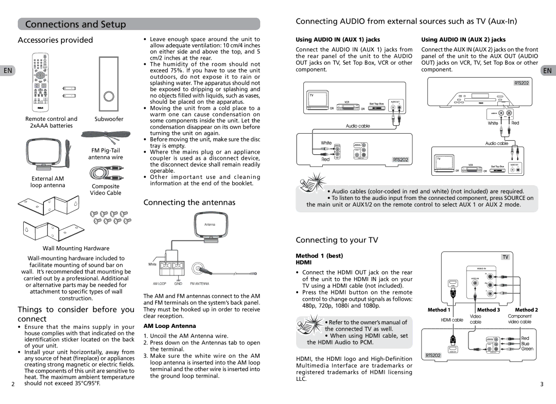 RCA RTS202 Connections and Setup, Things to consider before you connect, Connecting the antennas, Connecting to your TV 