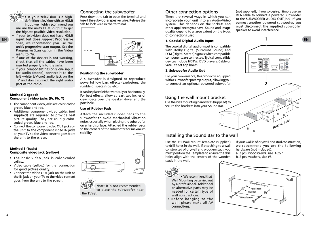 RCA RTS202 user manual Connecting the subwoofer, Other connection options, Using the wall mount bracket 