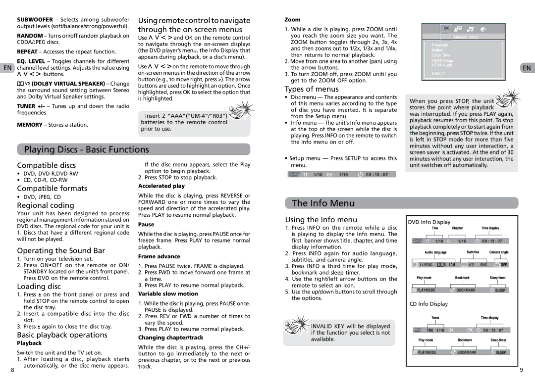 RCA RTS202 user manual Playing Discs Basic Functions, Info Menu 