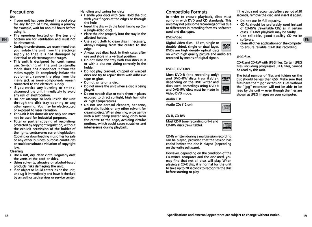 RCA RTS202 user manual Precautions, Compatible Formats 