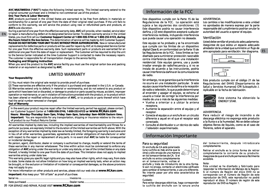 RCA RTS202 user manual Información de la FCC, Información Importante, Ventilación, Para su seguridad, Limited Warranty 