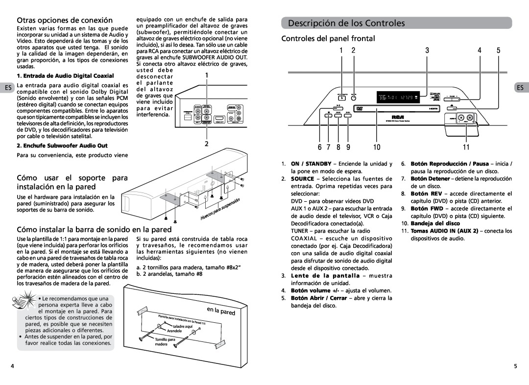 RCA RTS202 user manual Descripción de los Controles, Otras opciones de conexión, Controles del panel frontal, en la pared 