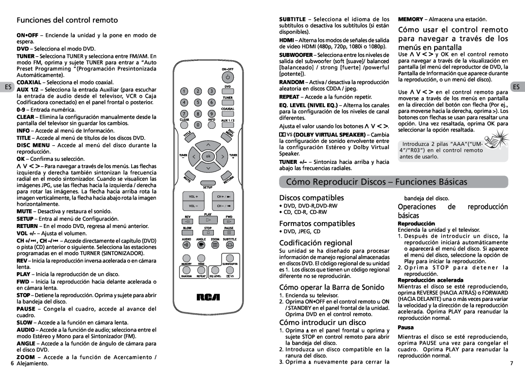 RCA RTS202 Cómo Reproducir Discos - Funciones Básicas, Funciones del control remoto, Discos compatibles, Reproducción 