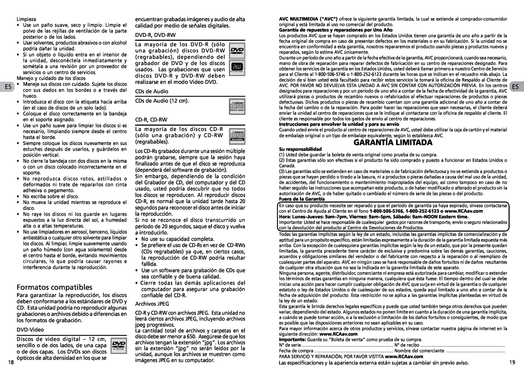 RCA RTS202 user manual Garantía Limitada, Formatos compatibles 