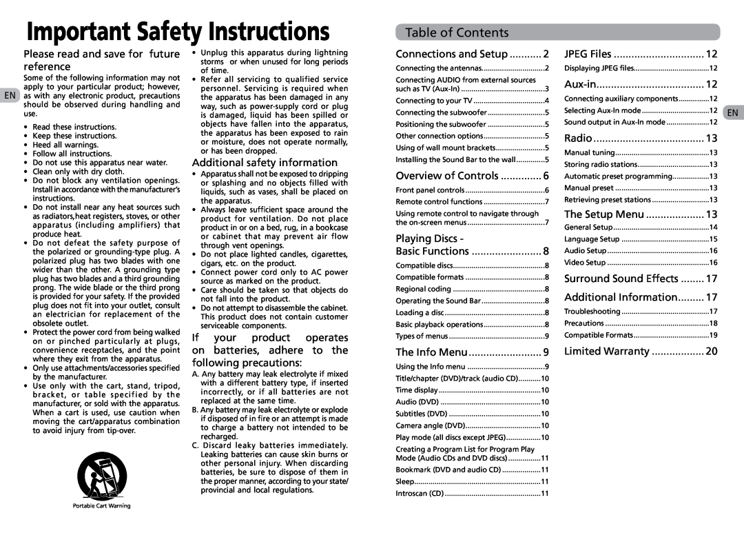RCA RTS202 user manual Table of Contents, Important Safety Instructions 