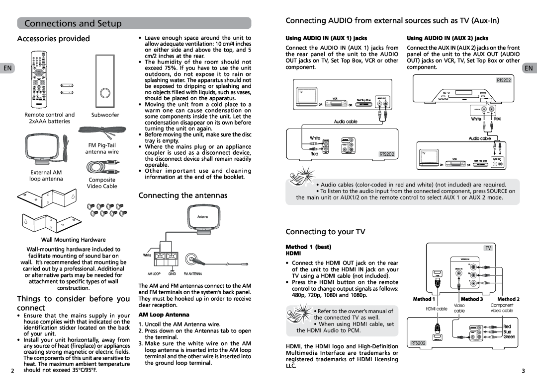 RCA RTS202 Connections and Setup, Accessories provided, Things to consider before you connect, Connecting the antennas 