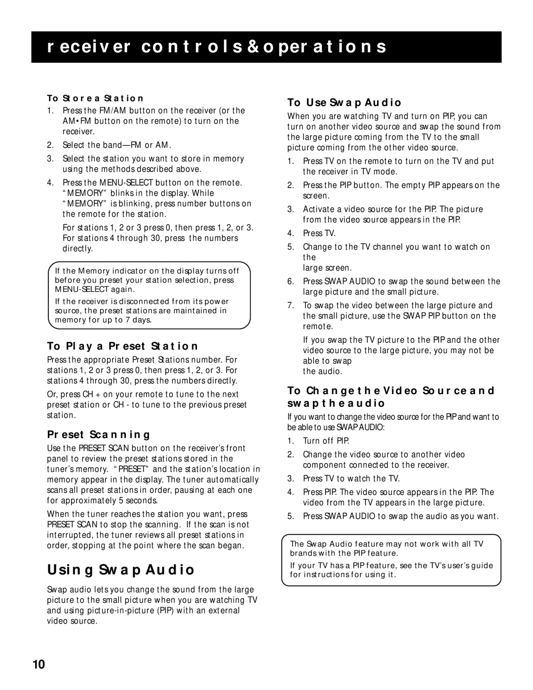 RCA RV-9968, RV-9978 manual Using Swap Audio, To Play a Preset Station, To USE Swap Audio, Preset Scanning 