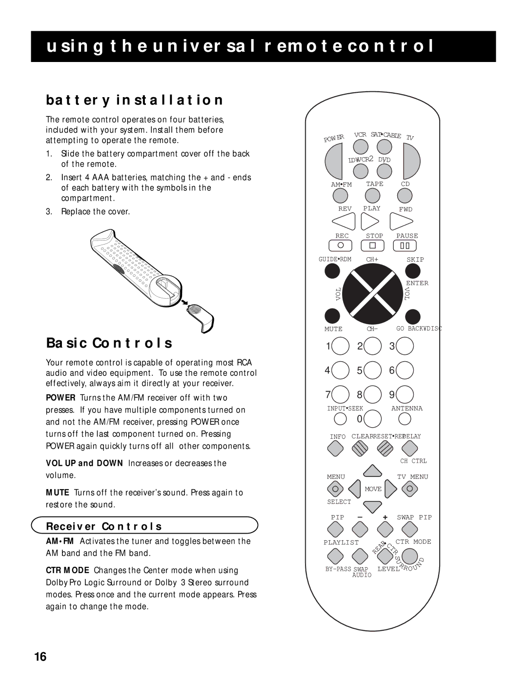 RCA RV-9968, RV-9978 manual Using the Universal Remote Control, Battery Installation, Basic Controls, Receiver Controls 