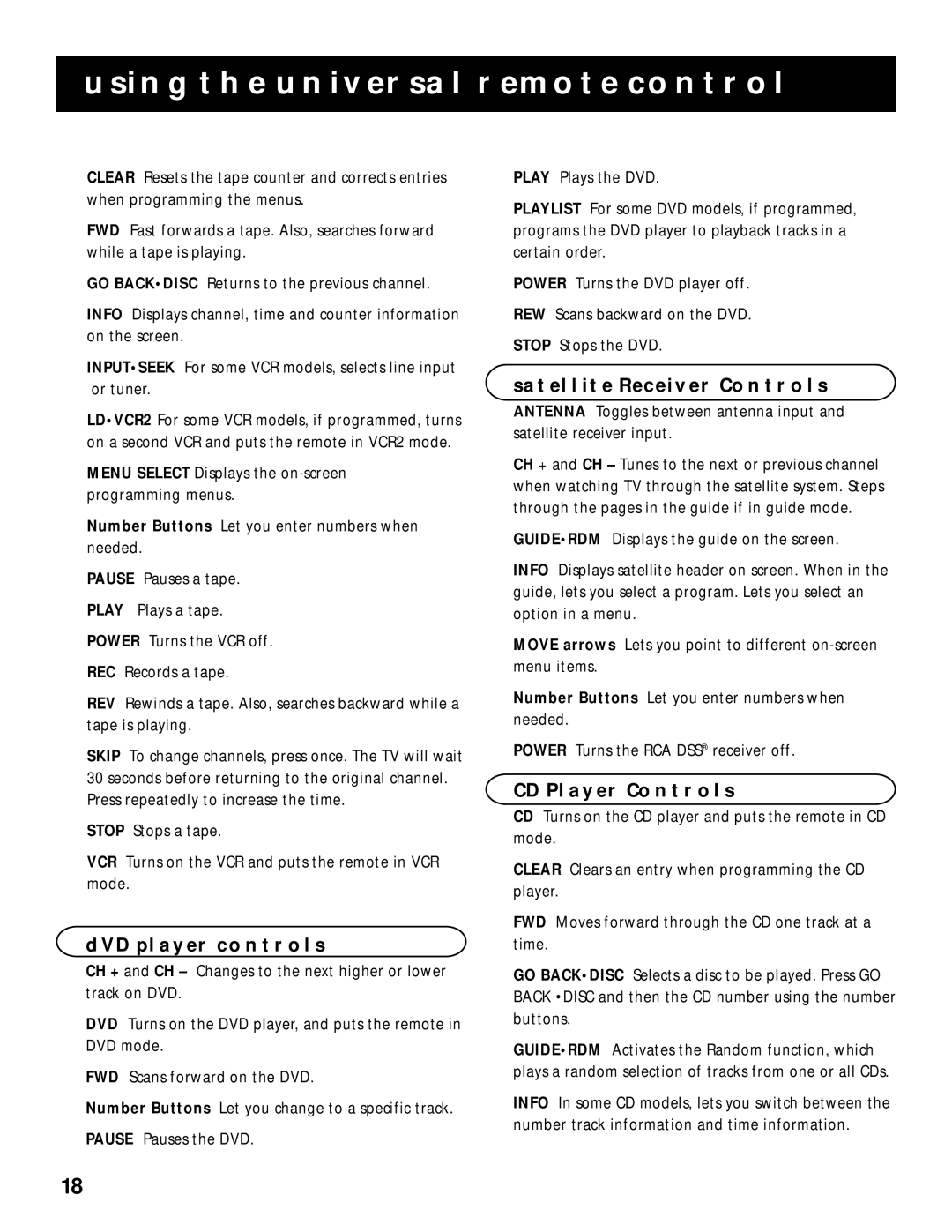 RCA RV-9968, RV-9978 manual DVD Player Controls, Satellite Receiver Controls, CD Player Controls 