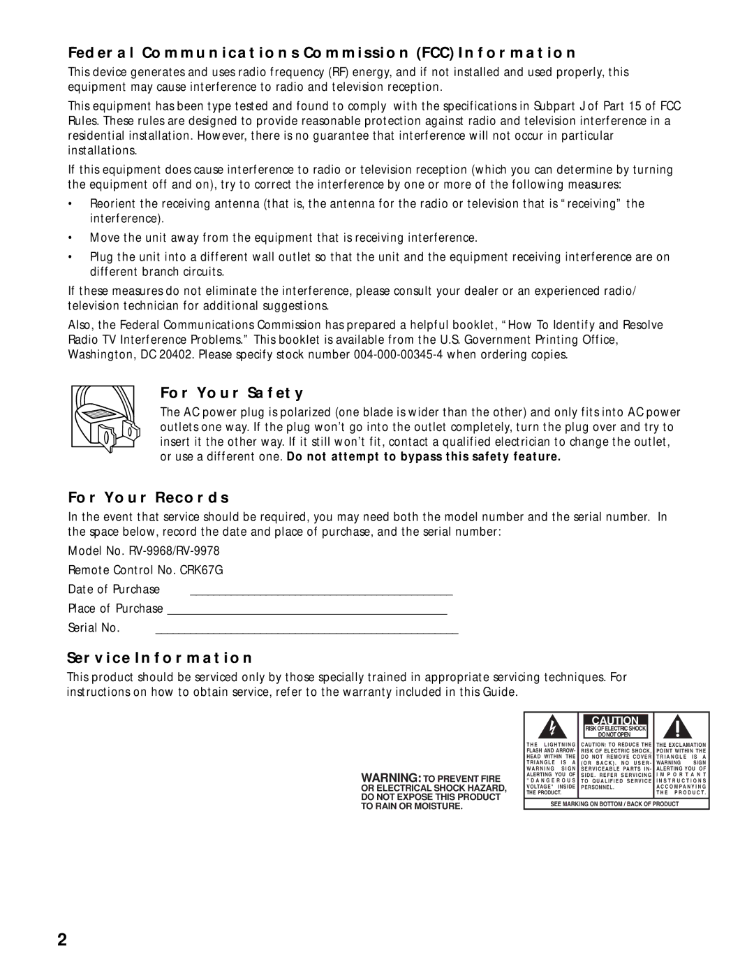 RCA RV-9968 Federal Communications Commission FCC Information, For Your Safety, For Your Records, Service Information 