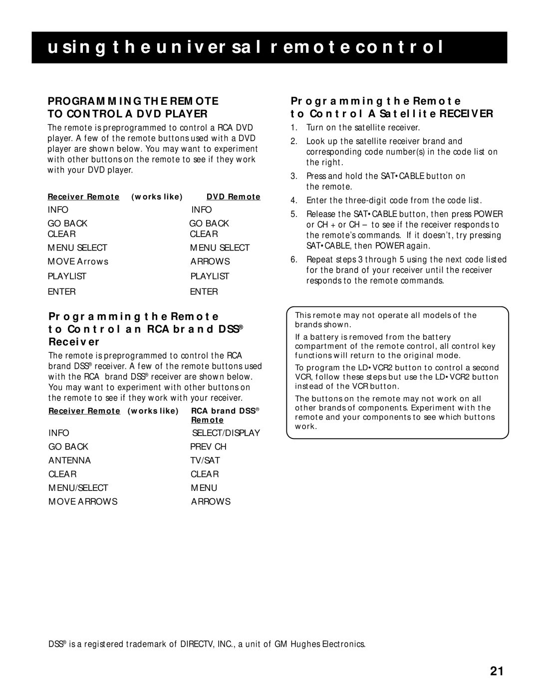 RCA RV-9978 Programming the Remote to Control a DVD Player, Programming the Remote To Control AN RCA Brand DSS Receiver 