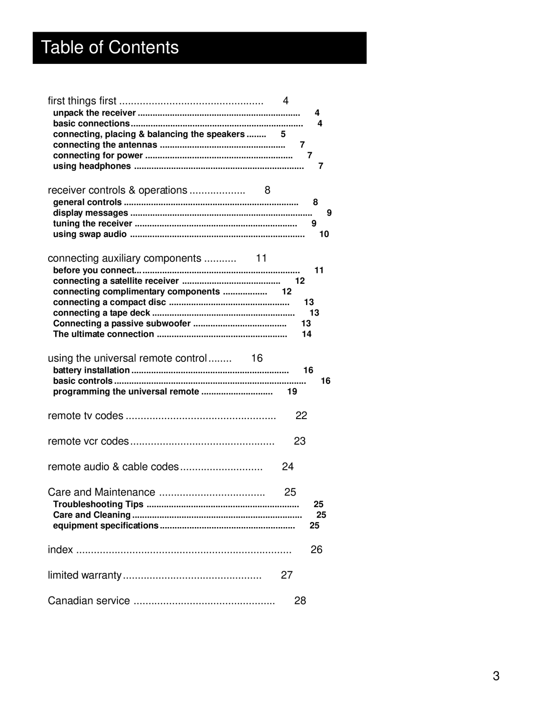 RCA RV-9978, RV-9968 manual Table of Contents 