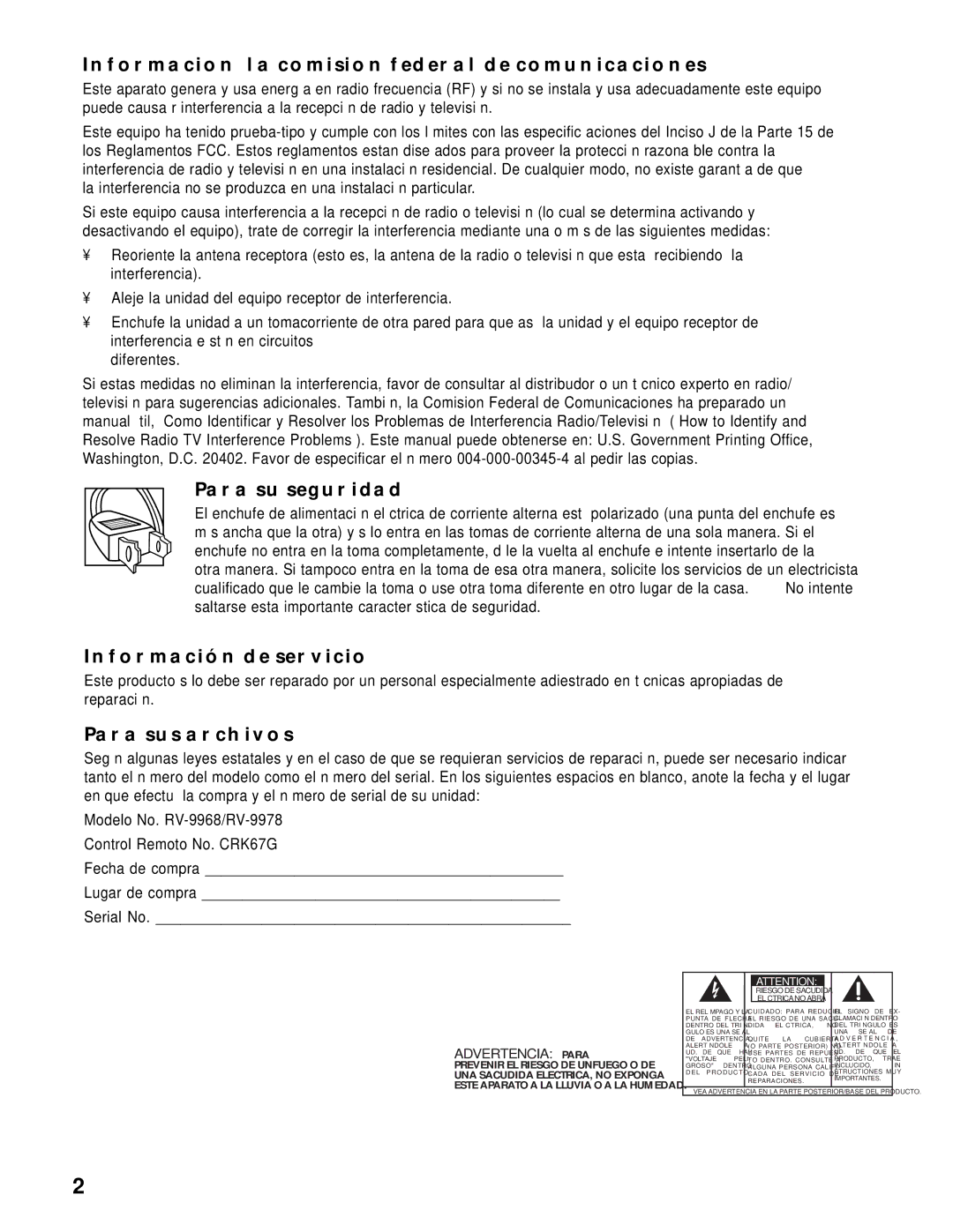 RCA RV-9968, RV-9978 manual Informacion LA Comision Federal DE Comunicaciones, Para SU Seguridad, Información DE Servicio 