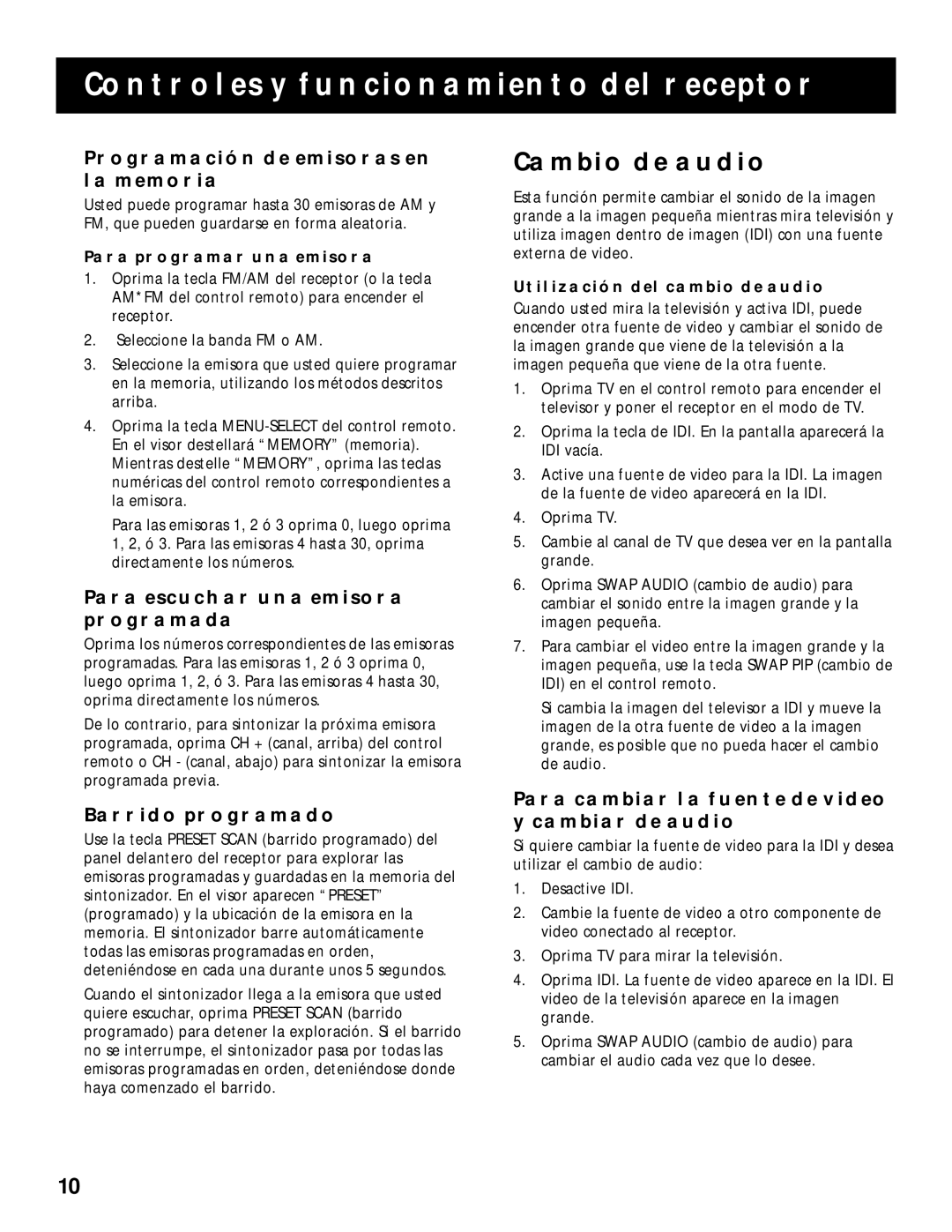 RCA RV-9968, RV-9978 manual Cambio DE Audio, Programación DE Emisoras EN LA Memoria, Para Escuchar UNA Emisora Programada 