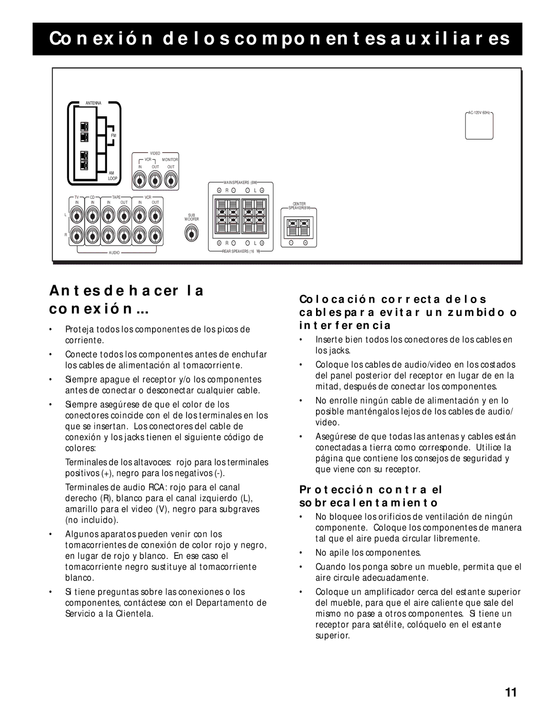 RCA RV-9978 Conexión DE LOS Componentes Auxiliares, Antes DE Hacer LA Conexión, Protección Contra EL Sobrecalentamiento 