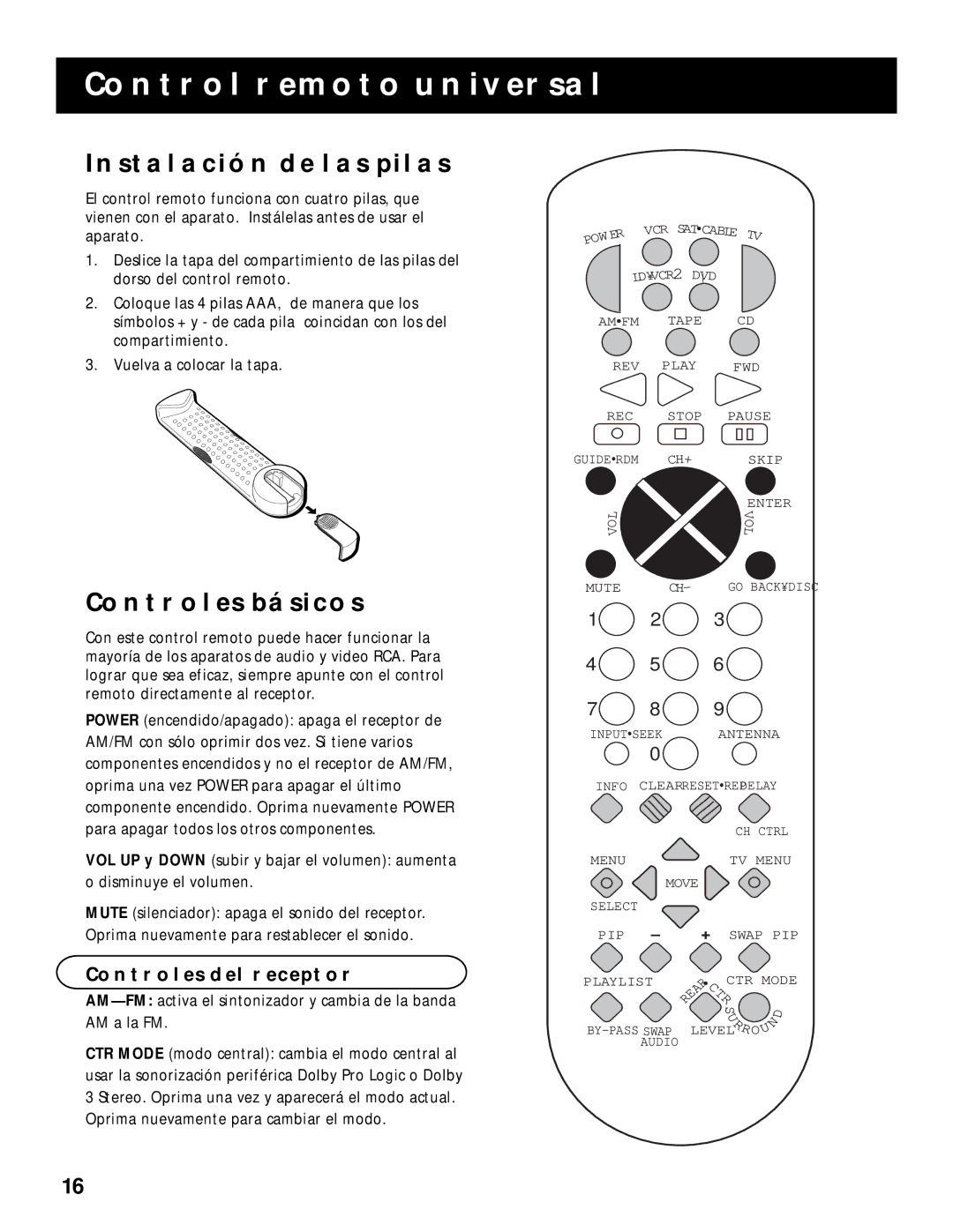 RCA RV-9968, RV-9978 manual Control Remoto Universal, Instalación DE LAS Pilas, Controles Básicos, Controles DEL Receptor 