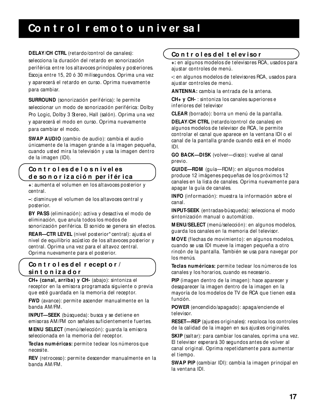 RCA RV-9978, RV-9968 manual Controles DE LOS Niveles DE Sonorización Periférica, Controles DEL Receptor Sintonizador 