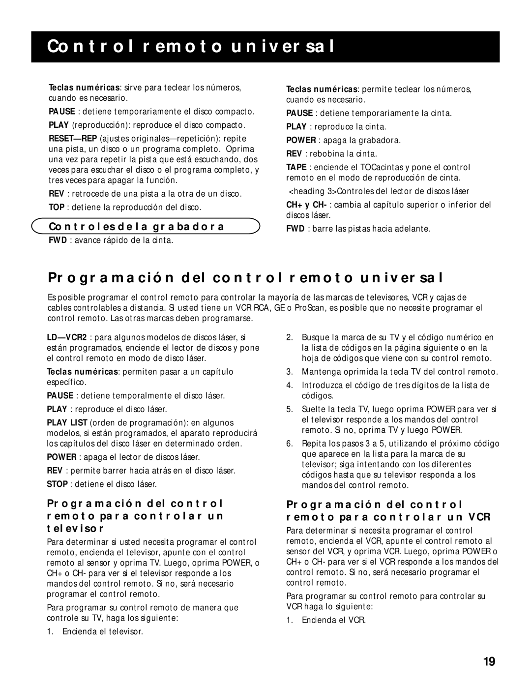 RCA RV-9978, RV-9968 manual Programación DEL Control Remoto Universal, Controles DE LA Grabadora 