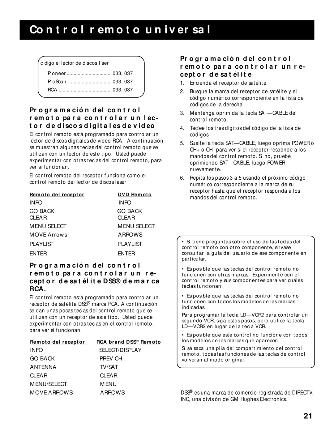 RCA RV-9978, RV-9968 manual Remoto del receptor DVD Remoto 