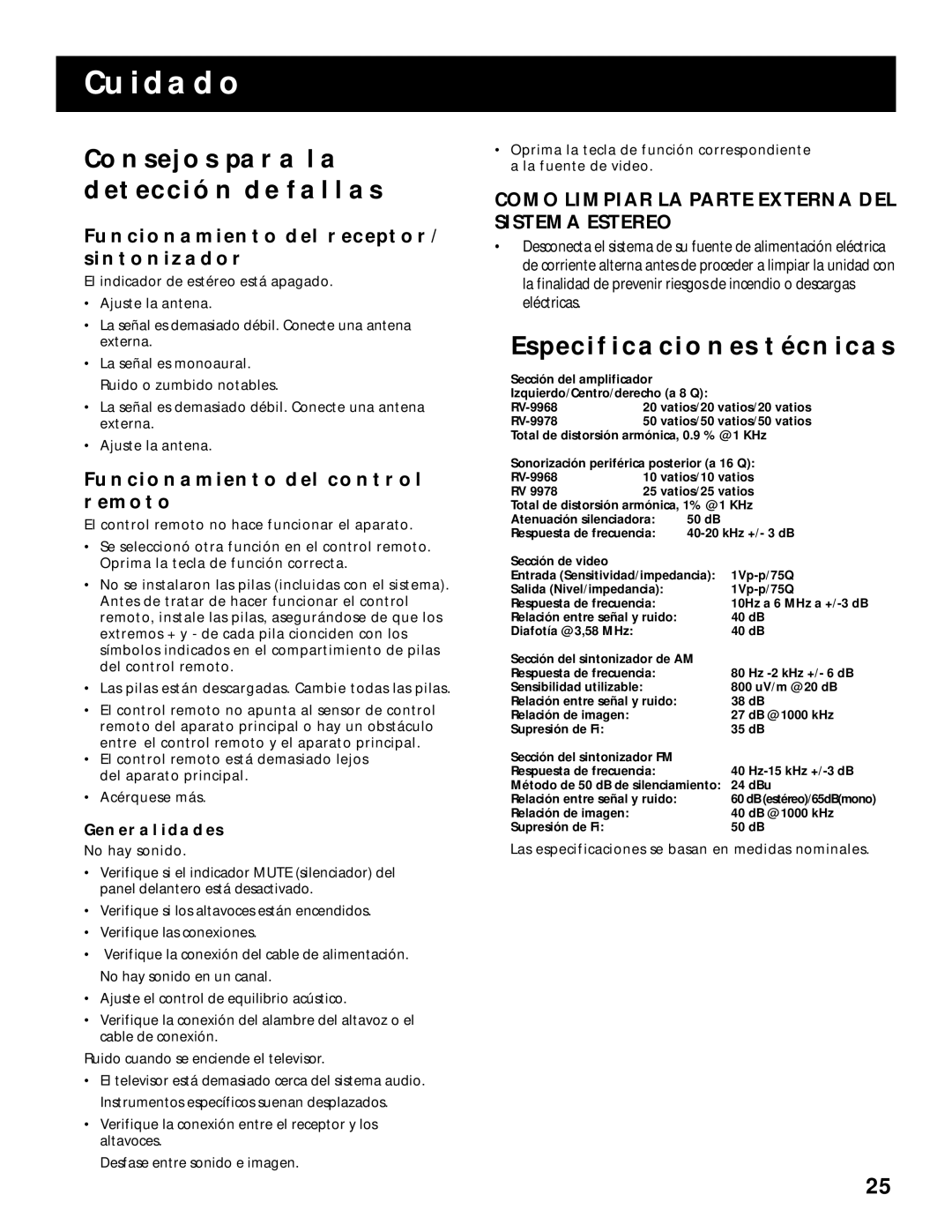 RCA RV-9978, RV-9968 manual Cuidado, Consejos Para LA Detección DE Fallas, Especificaciones Técnicas 