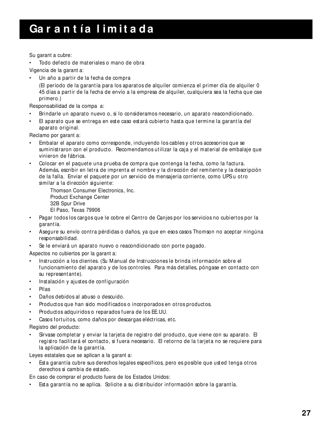 RCA RV-9978, RV-9968 manual Garantía Limitada, Vigencia de la garantía 