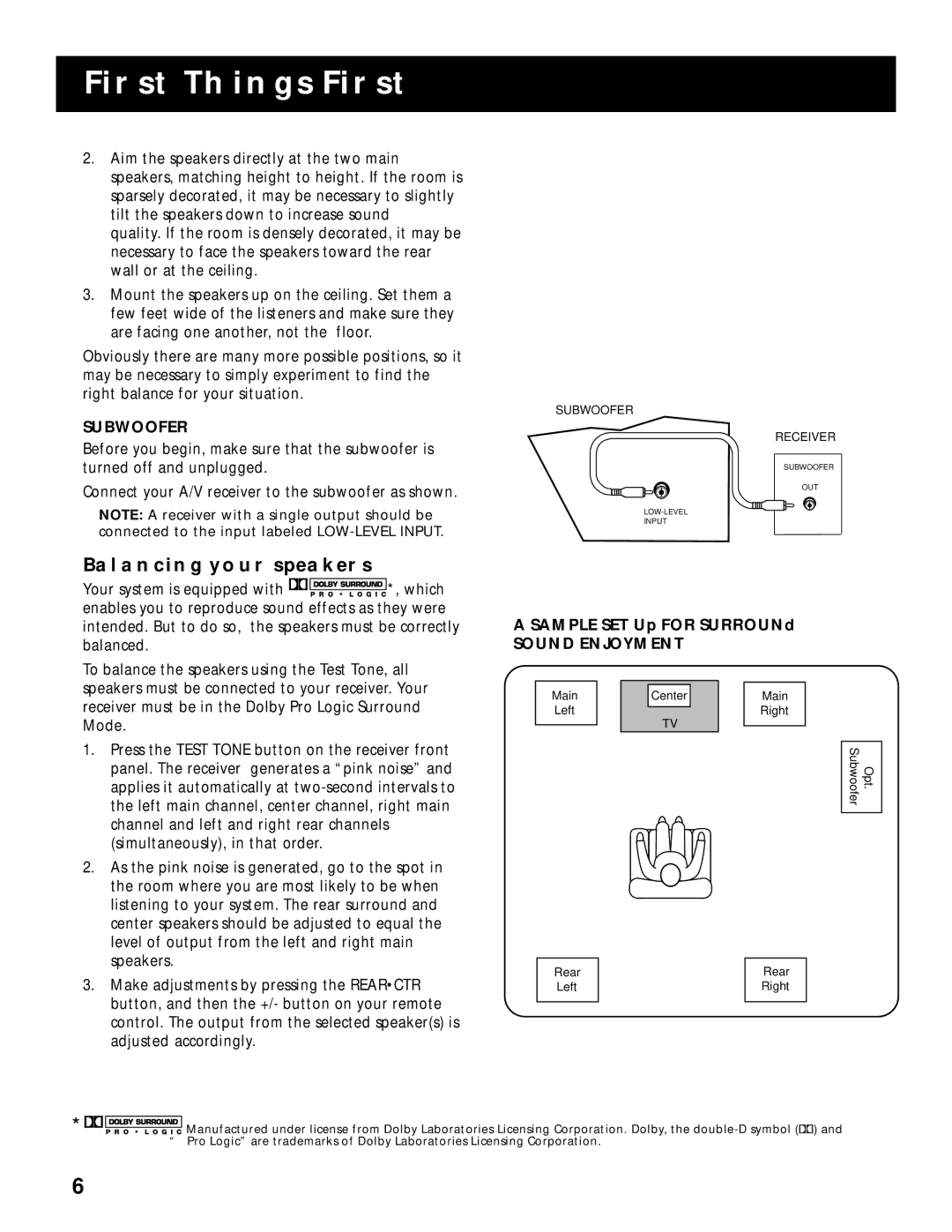 RCA RV-9968, RV-9978 manual Balancing Your Speakers, Subwoofer, Sample SET UP for Surround Sound Enjoyment 