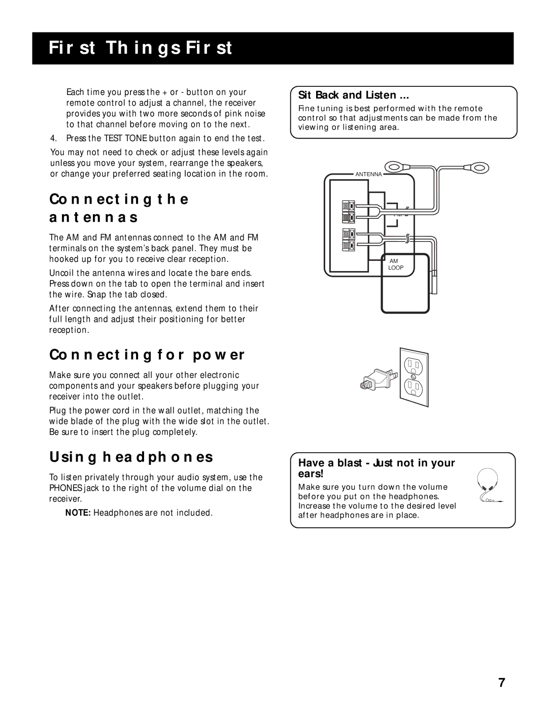 RCA RV-9978, RV-9968 manual Connecting Antennas, Connecting for Power, Using Headphones 