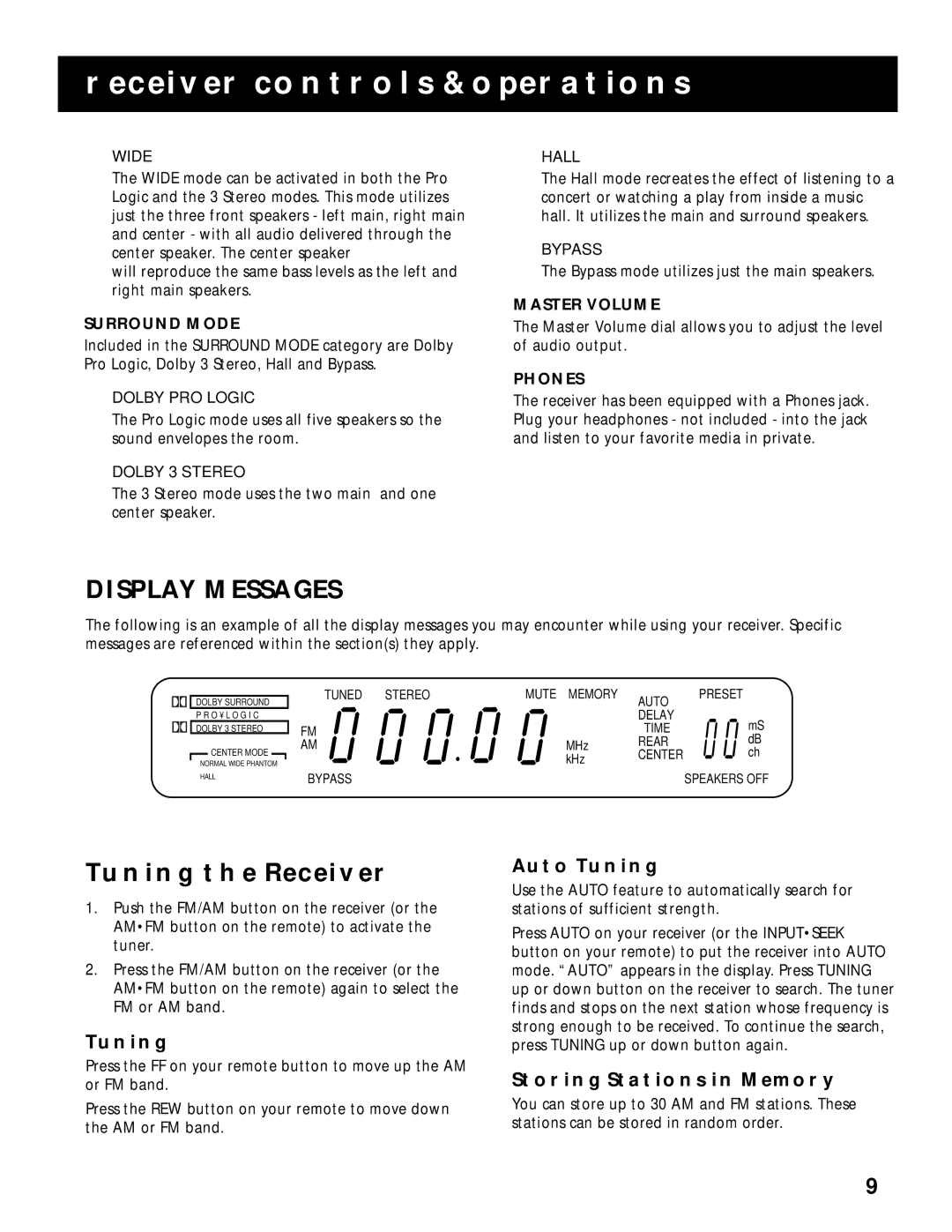 RCA RV-9978, RV-9968 manual Display Messages, Tuning the Receiver, Auto Tuning, Storing Stations in Memory 