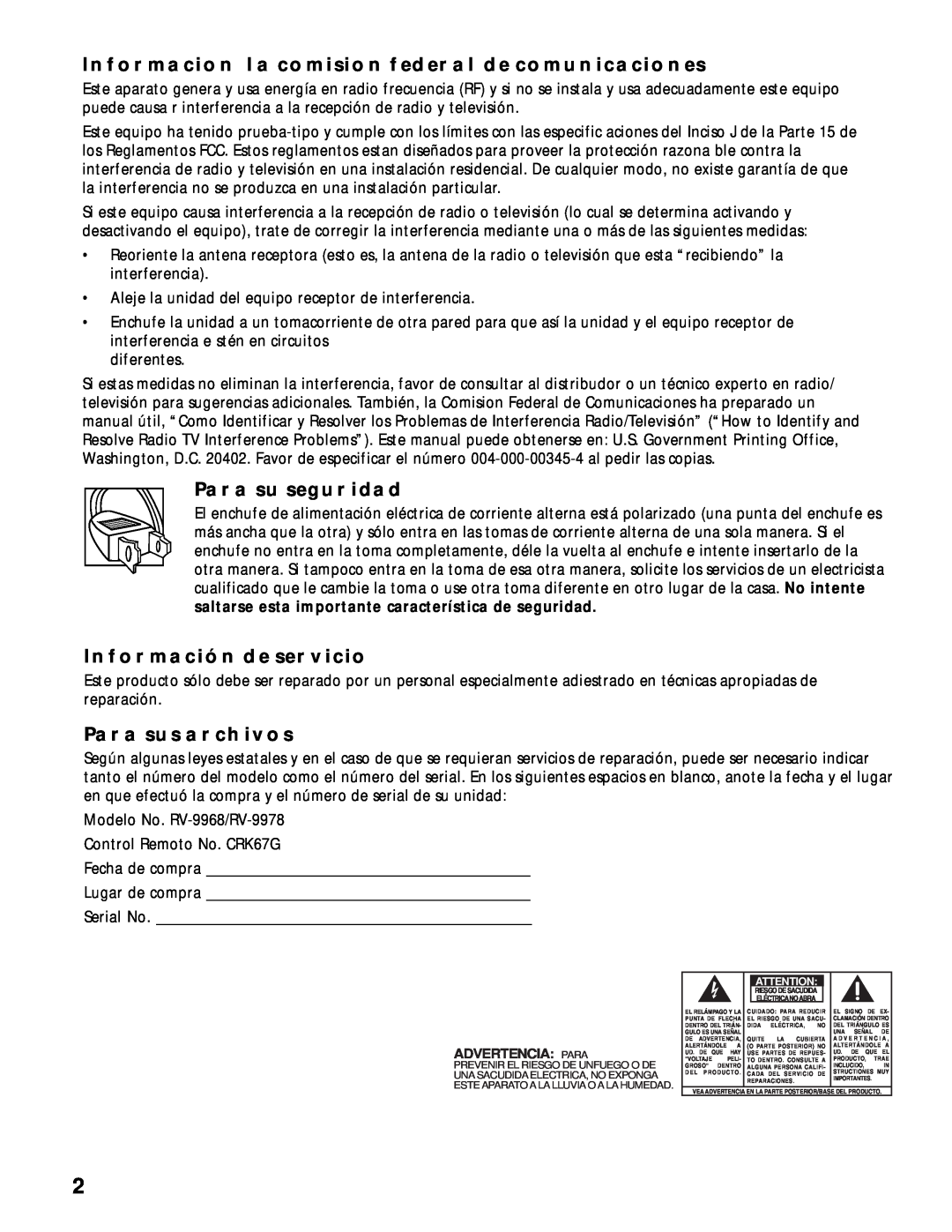 RCA RV-9968, RV-9978 manual Informacion La Comision Federal De Comunicaciones, Para Su Seguridad, Información De Servicio 