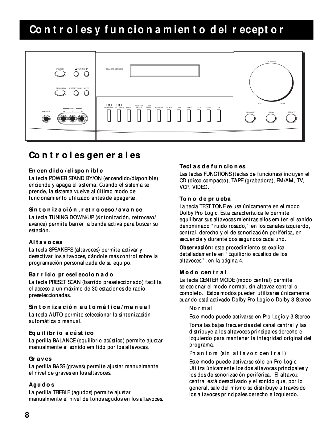 RCA RV-9968, RV-9978 manual Controles Y Funcionamiento Del Receptor, Controles Generales 