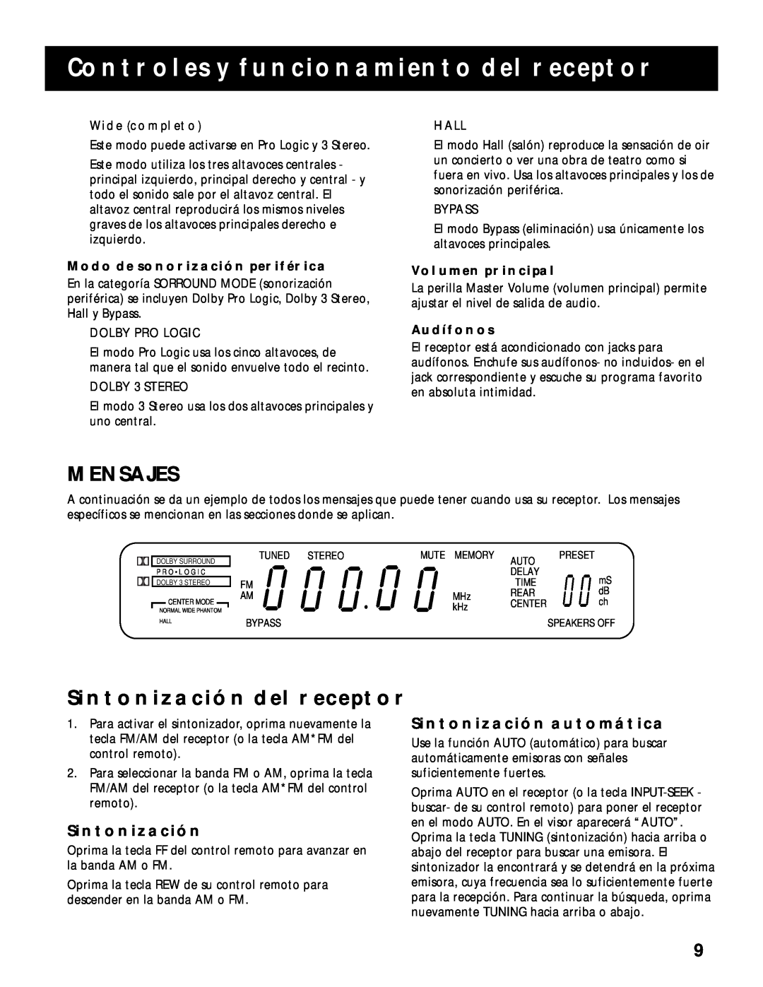 RCA RV-9978 manual Mensajes, Sintonización Del Receptor, Sintonización Automática, Controles Y Funcionamiento Del Receptor 