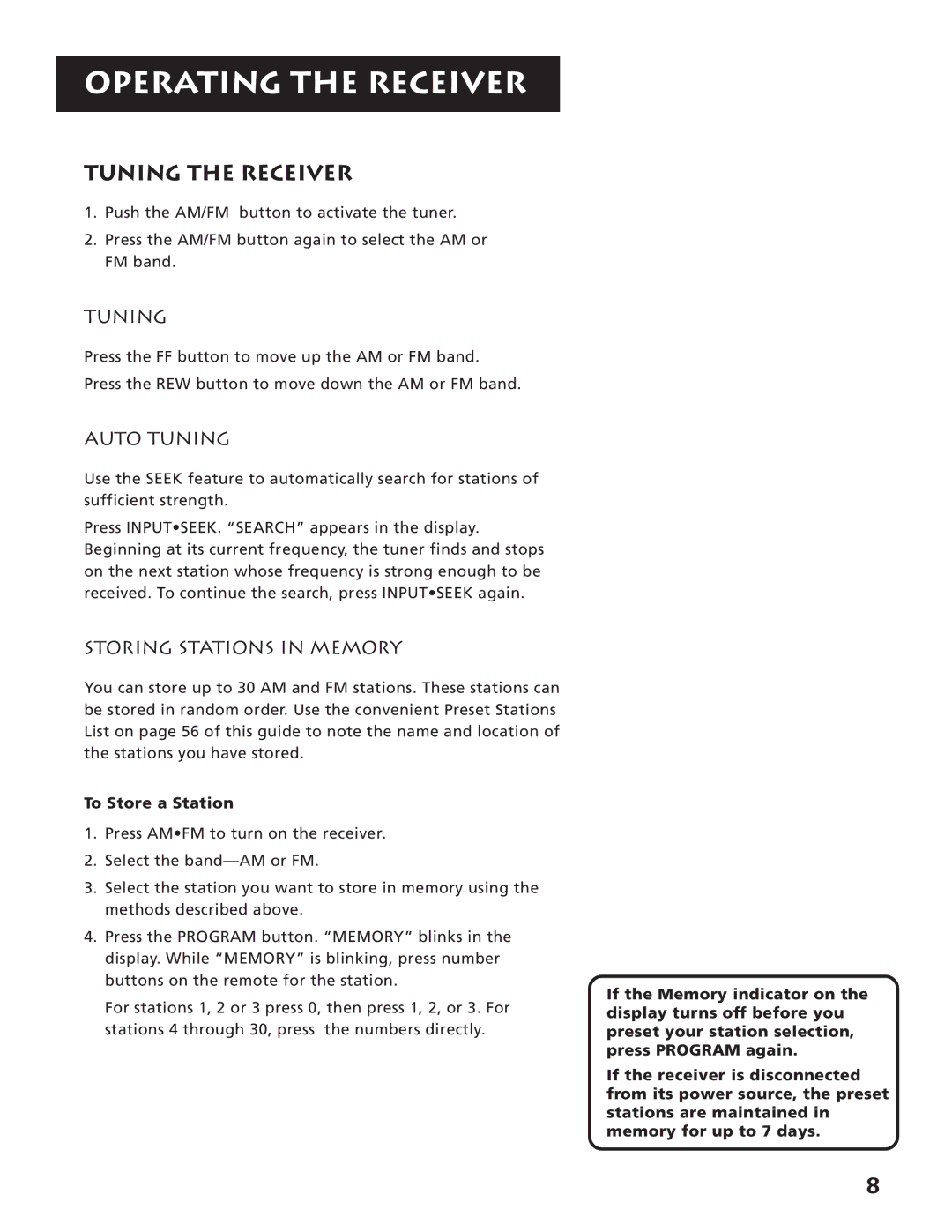 RCA RV3693 manual Tuning the Receiver, Auto Tuning, Storing Stations in Memory, To Store a Station 